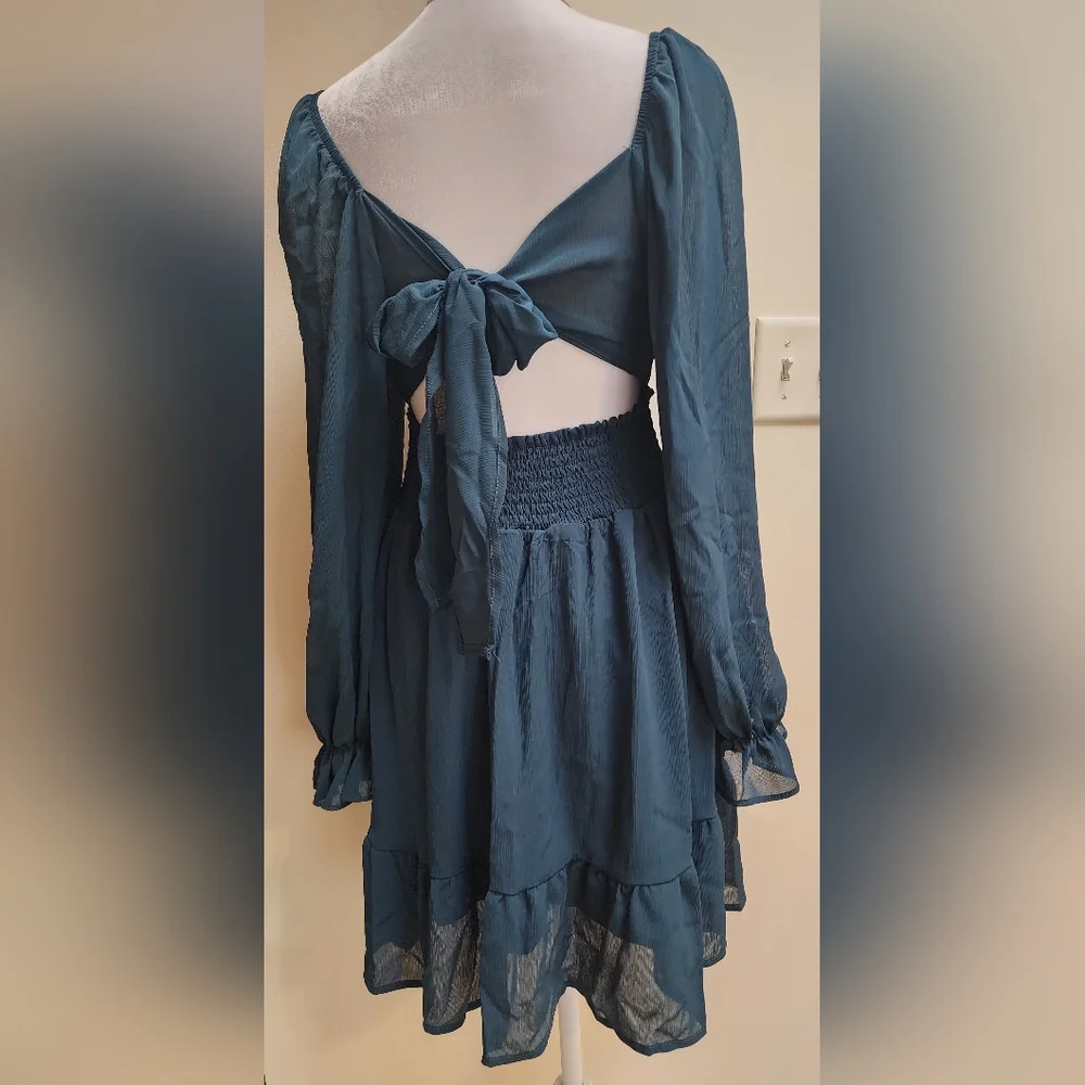 NWT Women's Peacock Blue Boho Ruffle Dress Long Lantern Sleeves Size S - Picture 10 of 15